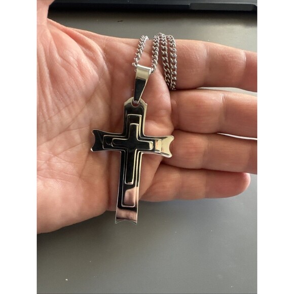 Stainless Steel Triple Cross Pendant 24”Chain Necklace Jesus Christ Faith Prayer - Picture 5 of 6